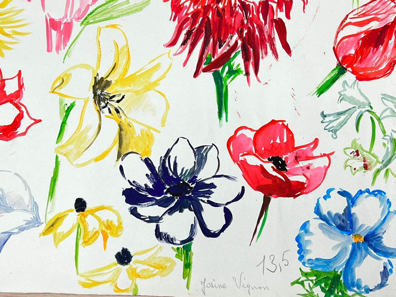 Dessins d'illustrations françaises du milieu du siècle dernier représentant des fleurs vives - Beige Still-Life Painting par Josine Vignon