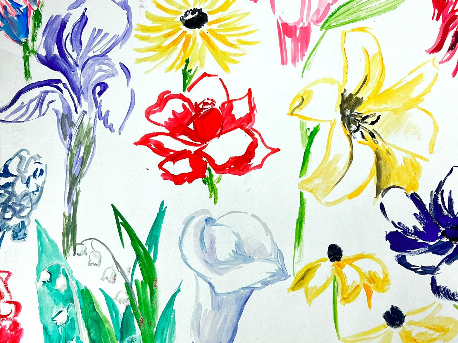 Mid Century French Illustration Sketches Of Bright Flower Types - Post-Impressionist Painting by Josine Vignon