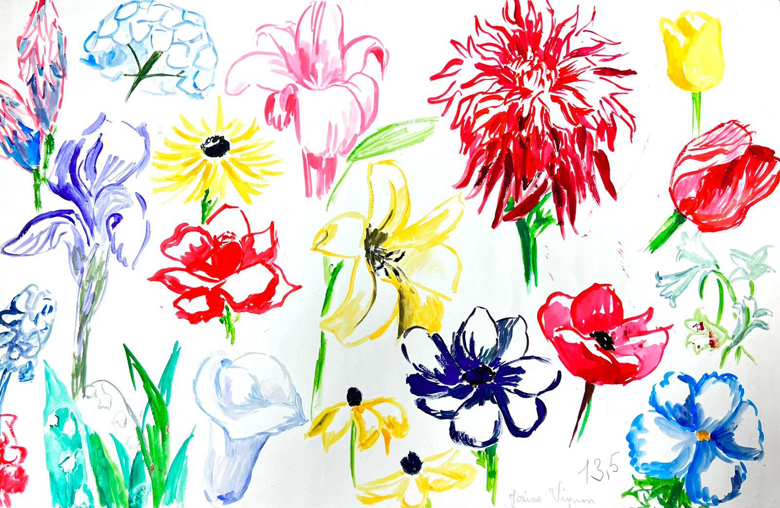 Josine Vignon Still-Life Painting - Mid Century French Illustration Sketches Of Bright Flower Types