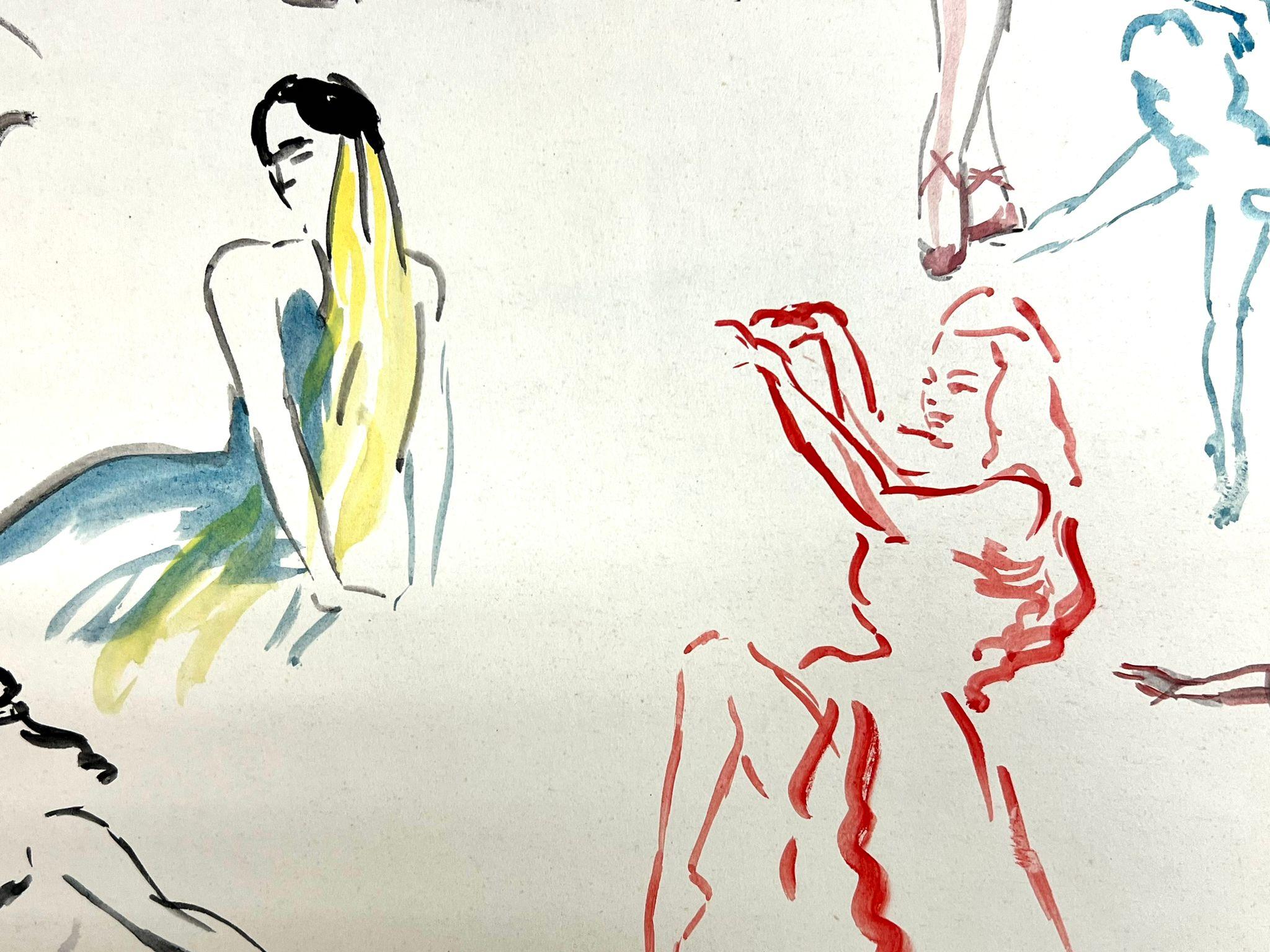 Mid Century French Illustration Sketches Of Dancing Figures  - Painting by Josine Vignon