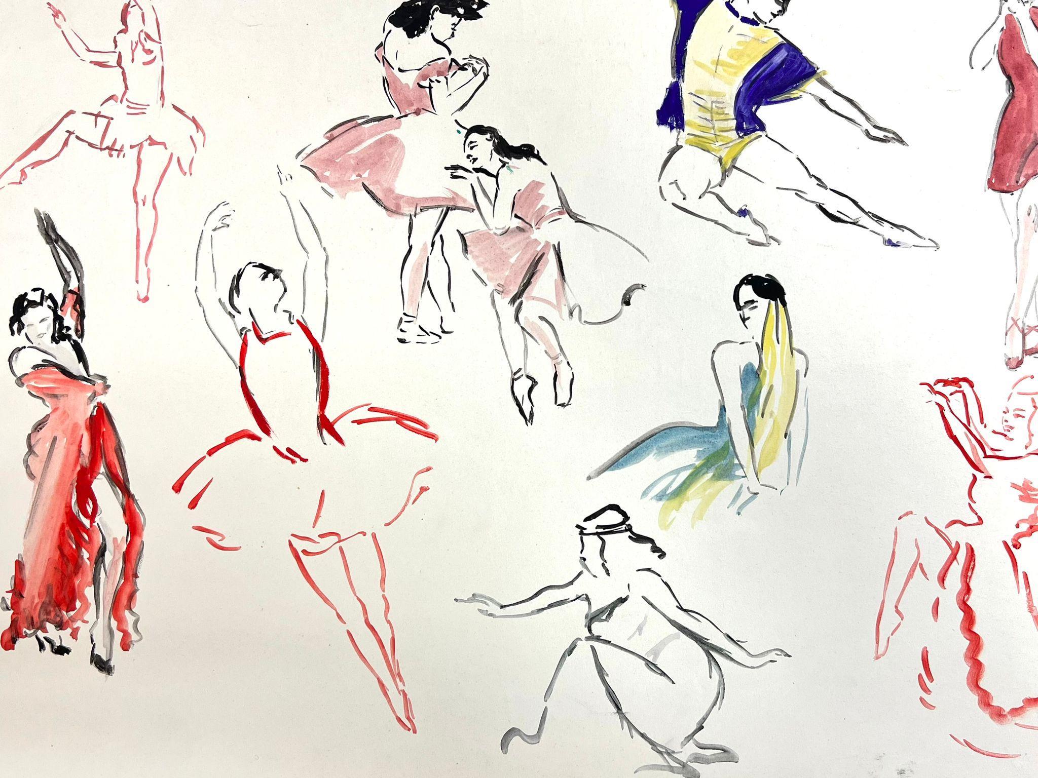Mid Century French Illustration Sketches Of Dancing Figures  - Post-Impressionist Painting by Josine Vignon