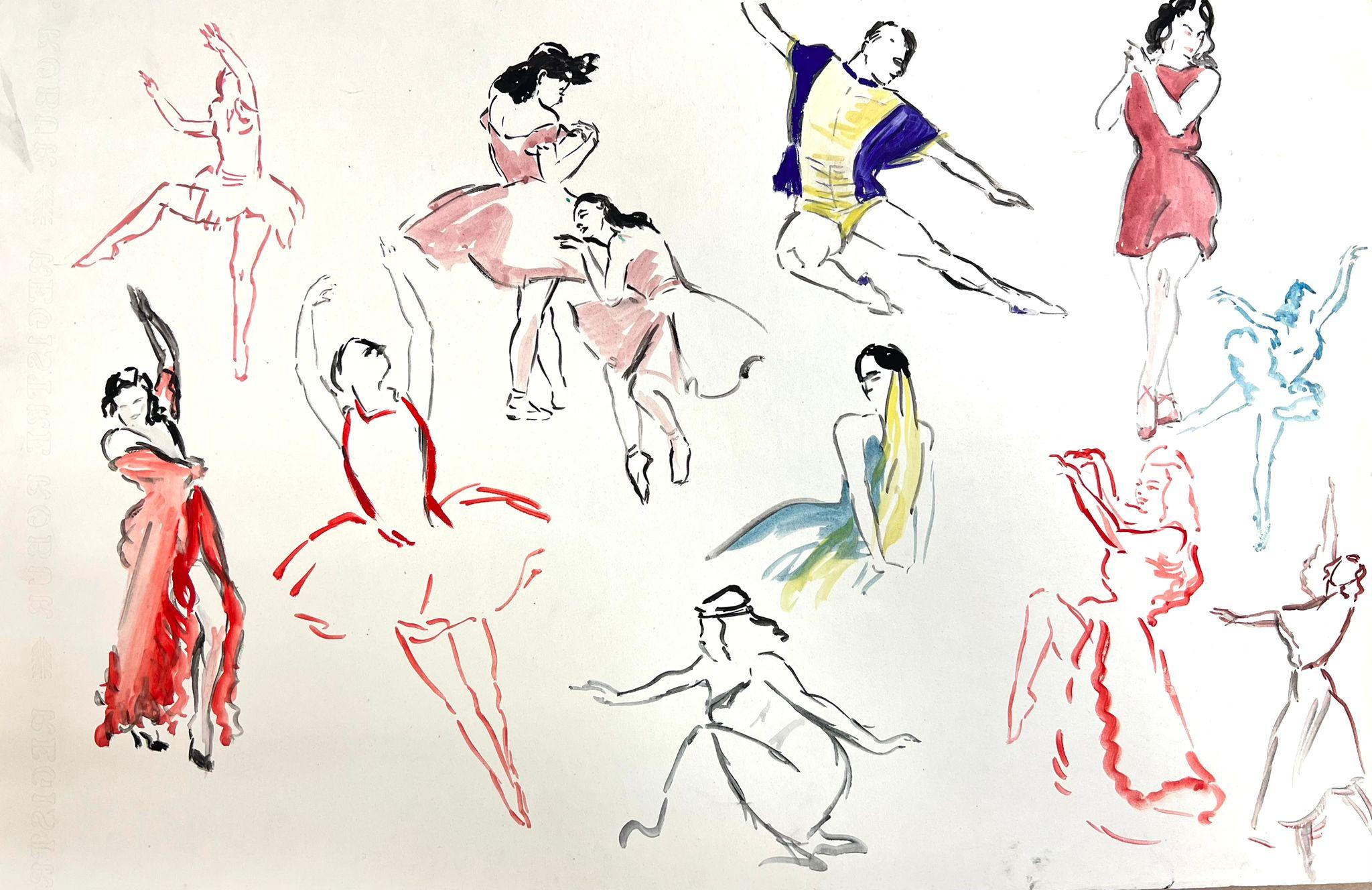 Josine Vignon Portrait Painting - Mid Century French Illustration Sketches Of Dancing Figures 