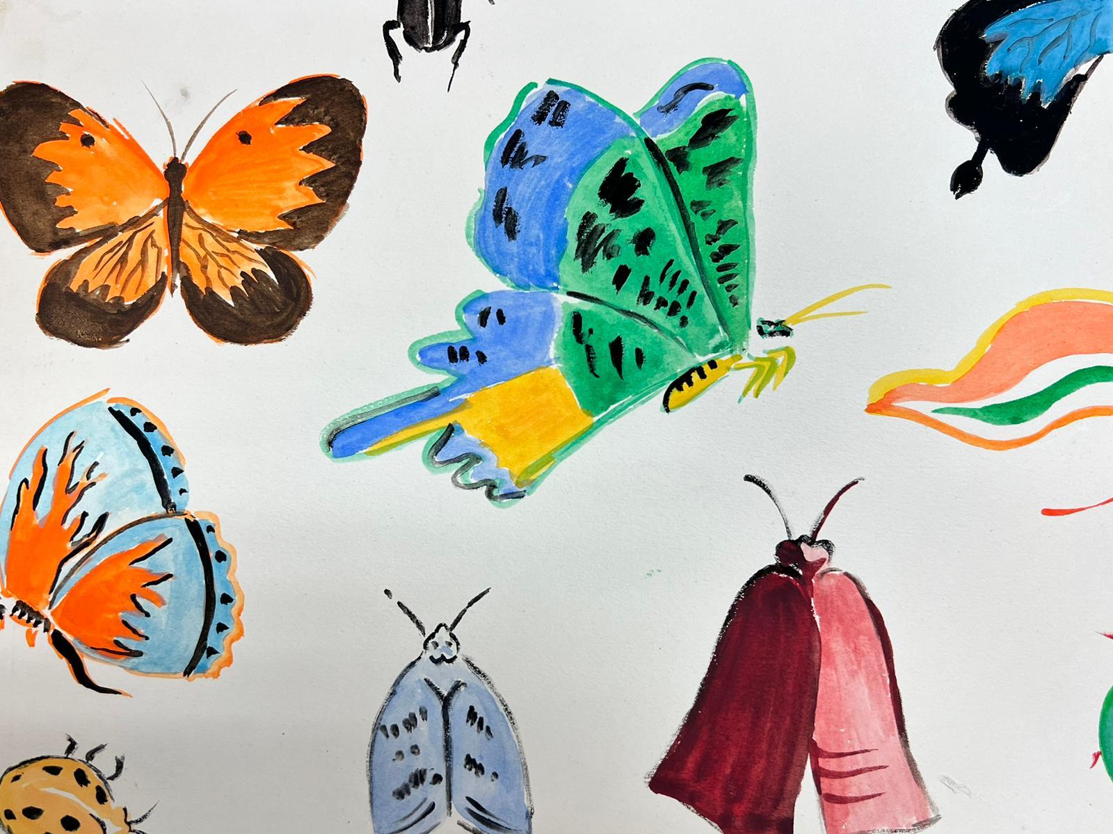 Französische Illustrationsskizzen aus der Mitte des Jahrhunderts mit verschiedenen Schmetterlingen und Insekten (Post-Impressionismus), Painting, von Josine Vignon