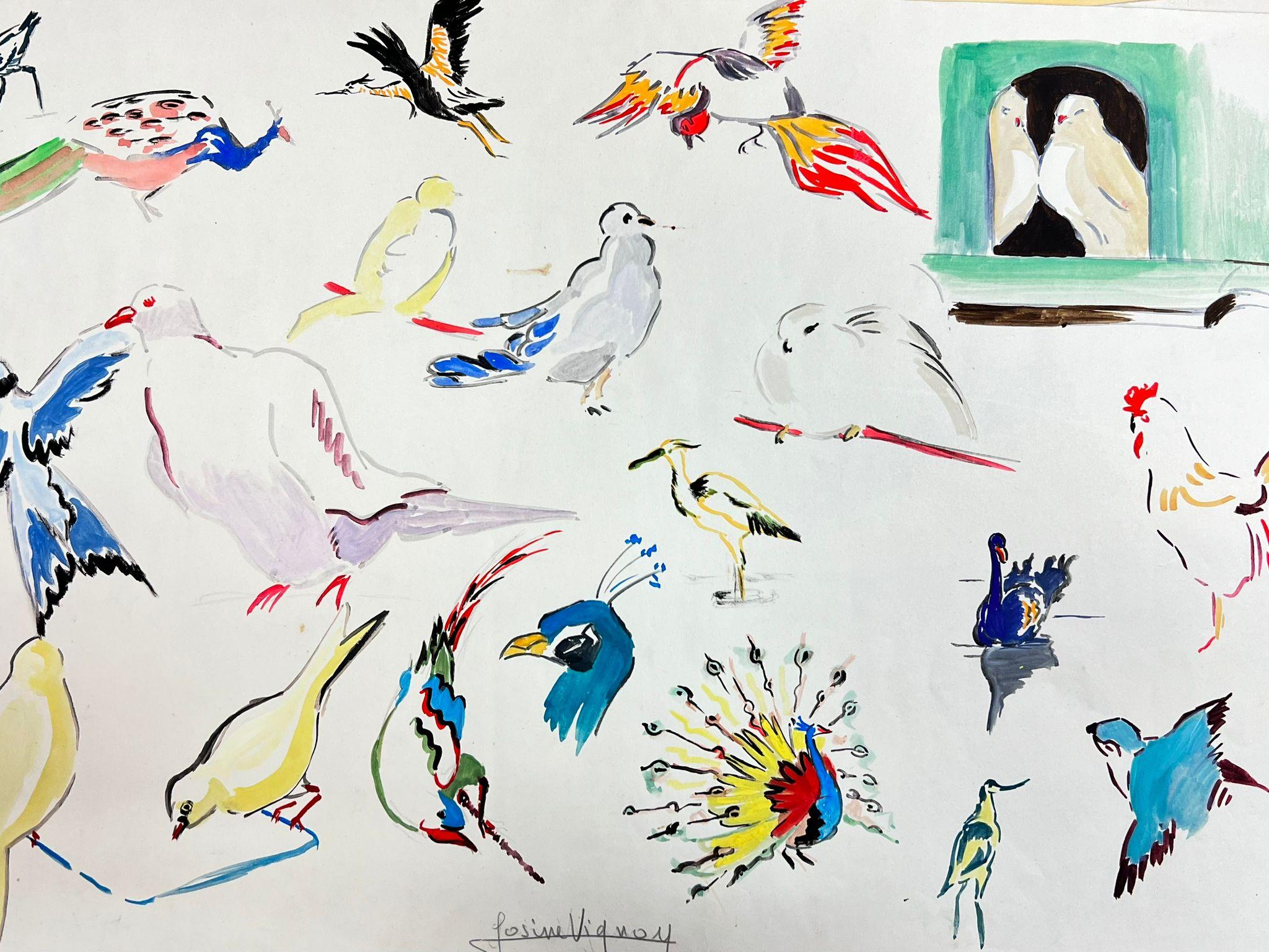 Mid Century French Illustration Sketches Of Different Colorful Birds - Painting by Josine Vignon