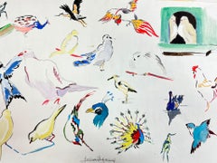 Mid Century French Illustration Sketches Of Different Colorful Birds