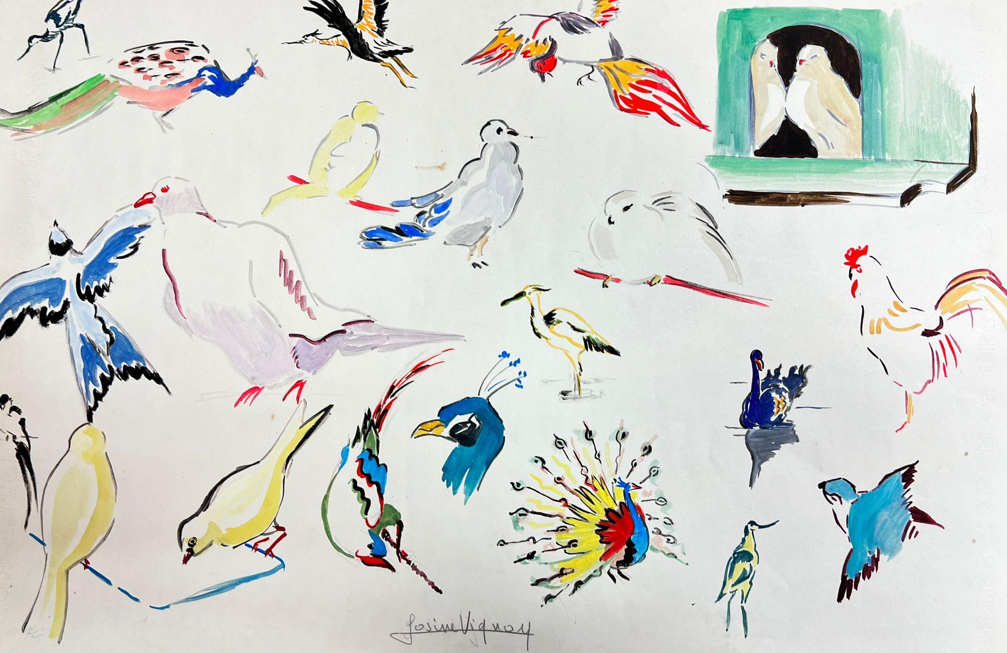 Josine Vignon Abstract Painting - Mid Century French Illustration Sketches Of Different Colorful Birds