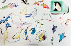 Mid Century French Illustration Sketches Of Different Colorful Birds