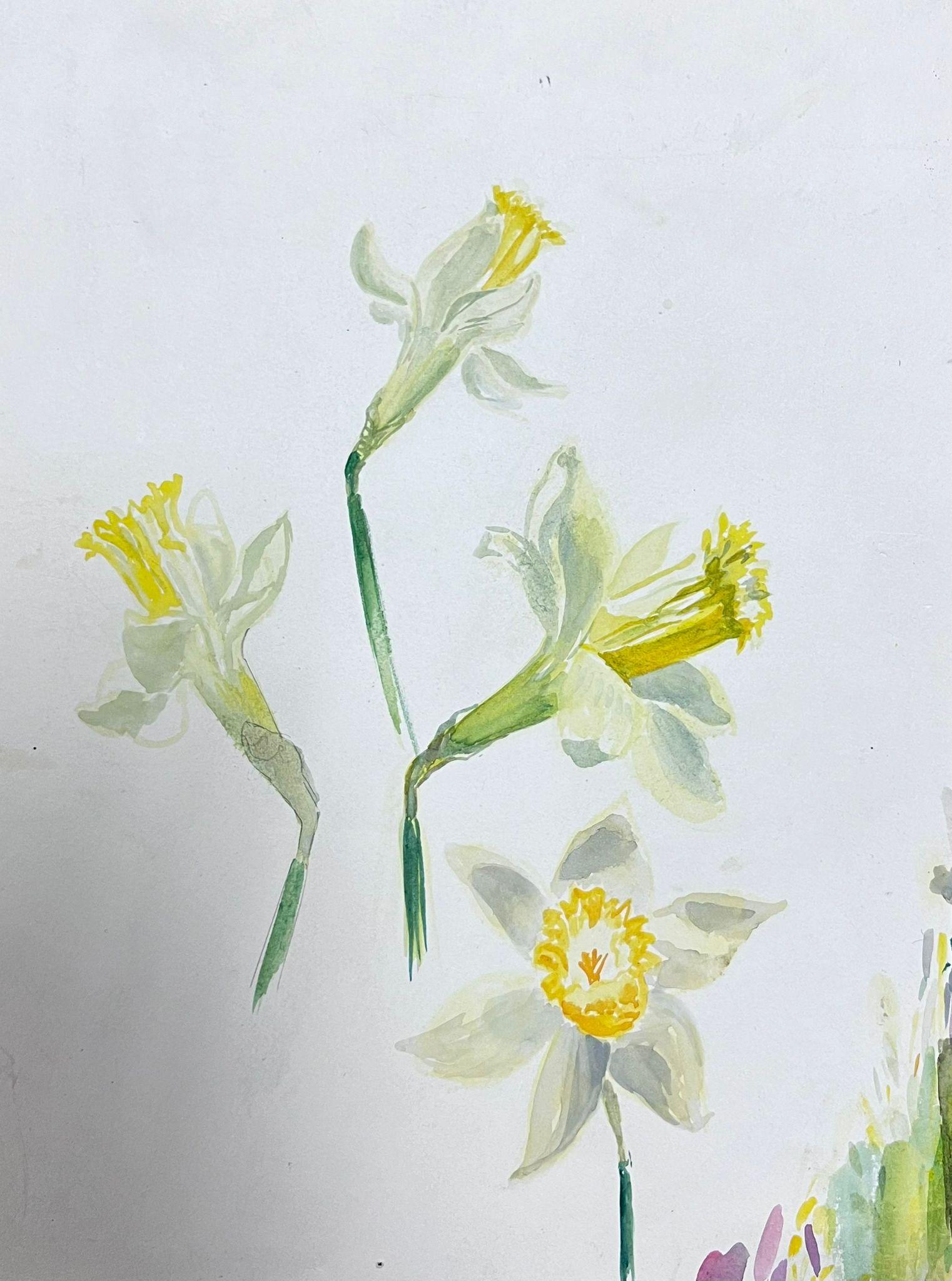 Still-Life Painting Josine Vignon - Illustration française du milieu du siècle Jonquille jaune Esquisse à l'aquarelle 