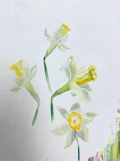 Mid Century French Illustration Yellow Daffodil Watercolour Sketch 