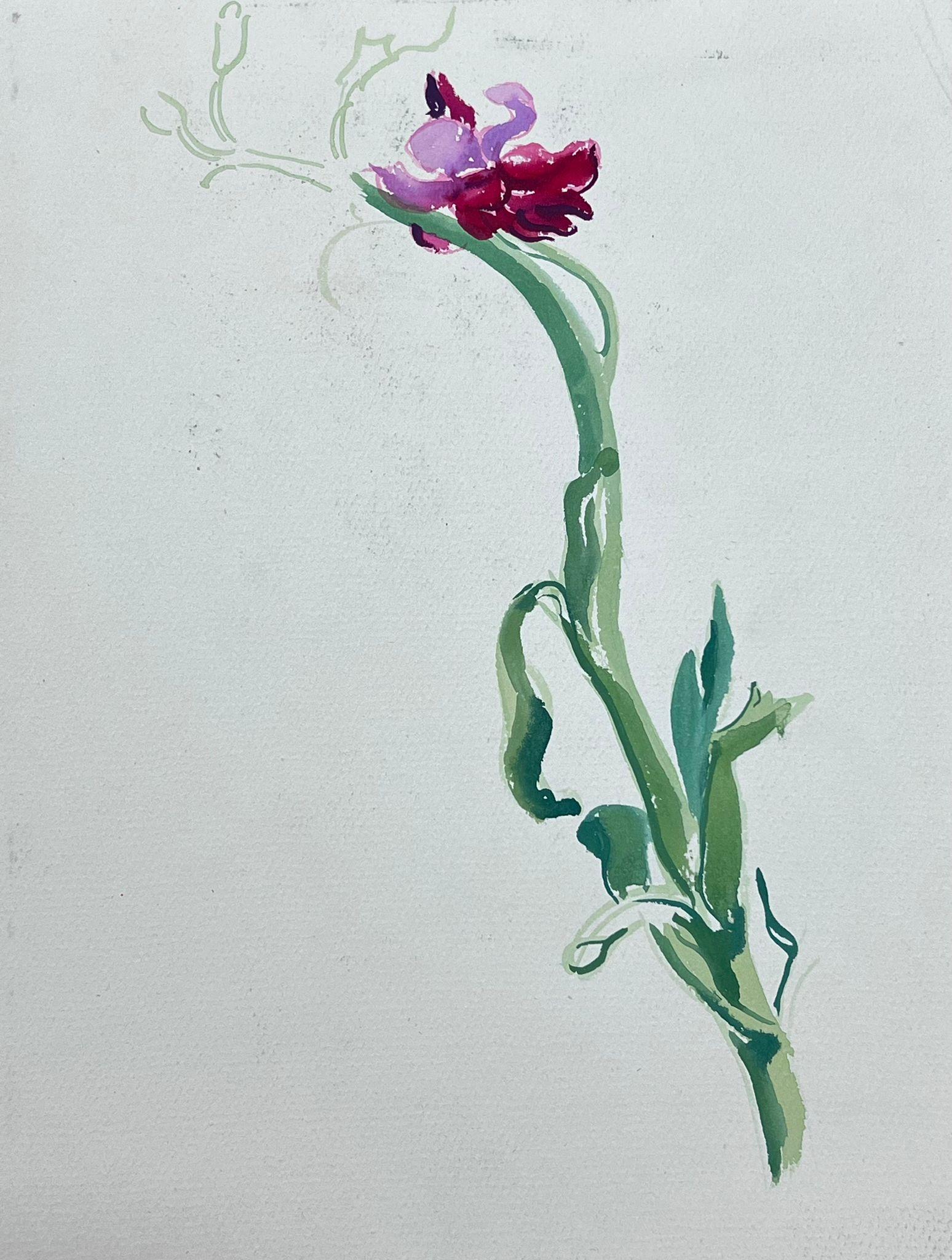 Mid Century Französisch Illustration Gelb Rosa Blume Aquarell Skizze – Painting von Josine Vignon