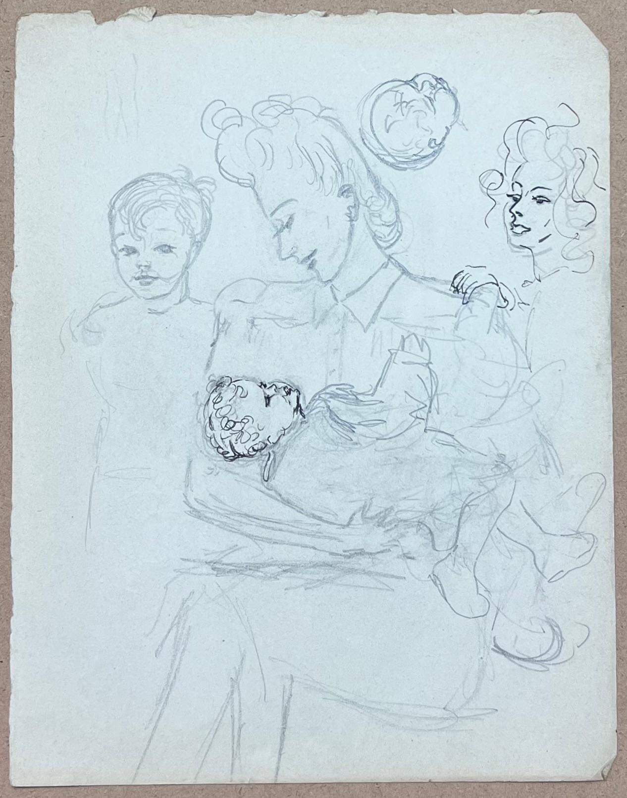 Französische Mutter aus der Mitte des Jahrhunderts, die ihr Baby mit ihren Kindern hält, Bleistiftskizze – Painting von Josine Vignon