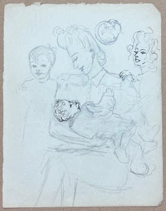 Mid Century French Mother Holding Her Baby with Her Children Pencil Sketch