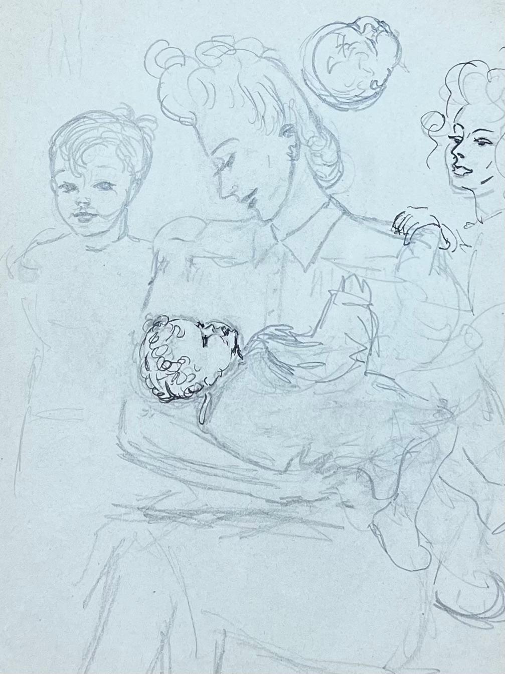 Französische Mutter aus der Mitte des Jahrhunderts, die ihr Baby mit ihren Kindern hält, Bleistiftskizze (Post-Impressionismus), Painting, von Josine Vignon