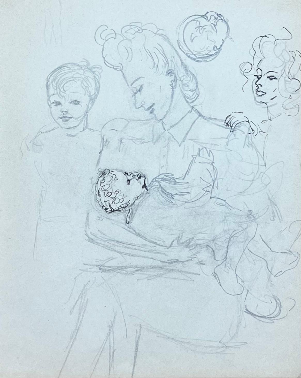 Mid Century French Mother Holding Her Baby with Her Children Pencil Sketch