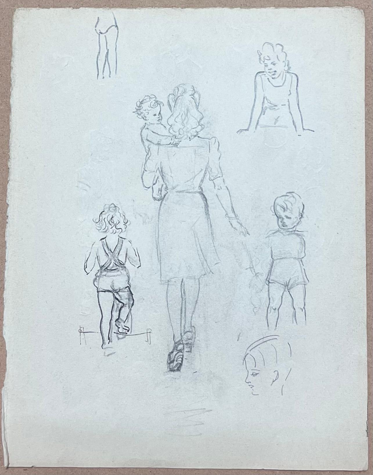 Französische Mutter aus der Mitte des Jahrhunderts, die mit ihren Kindern geht, Bleistiftskizze – Painting von Josine Vignon