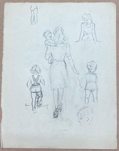 Mid Century French Mother Walking with Her Children Pencil Sketch