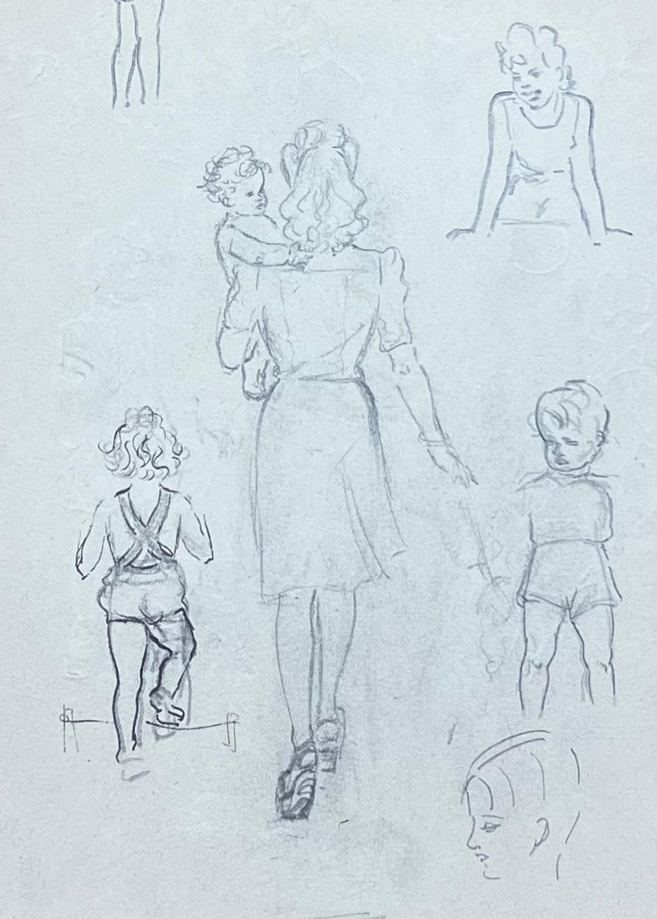 Französische Mutter aus der Mitte des Jahrhunderts, die mit ihren Kindern geht, Bleistiftskizze (Post-Impressionismus), Painting, von Josine Vignon