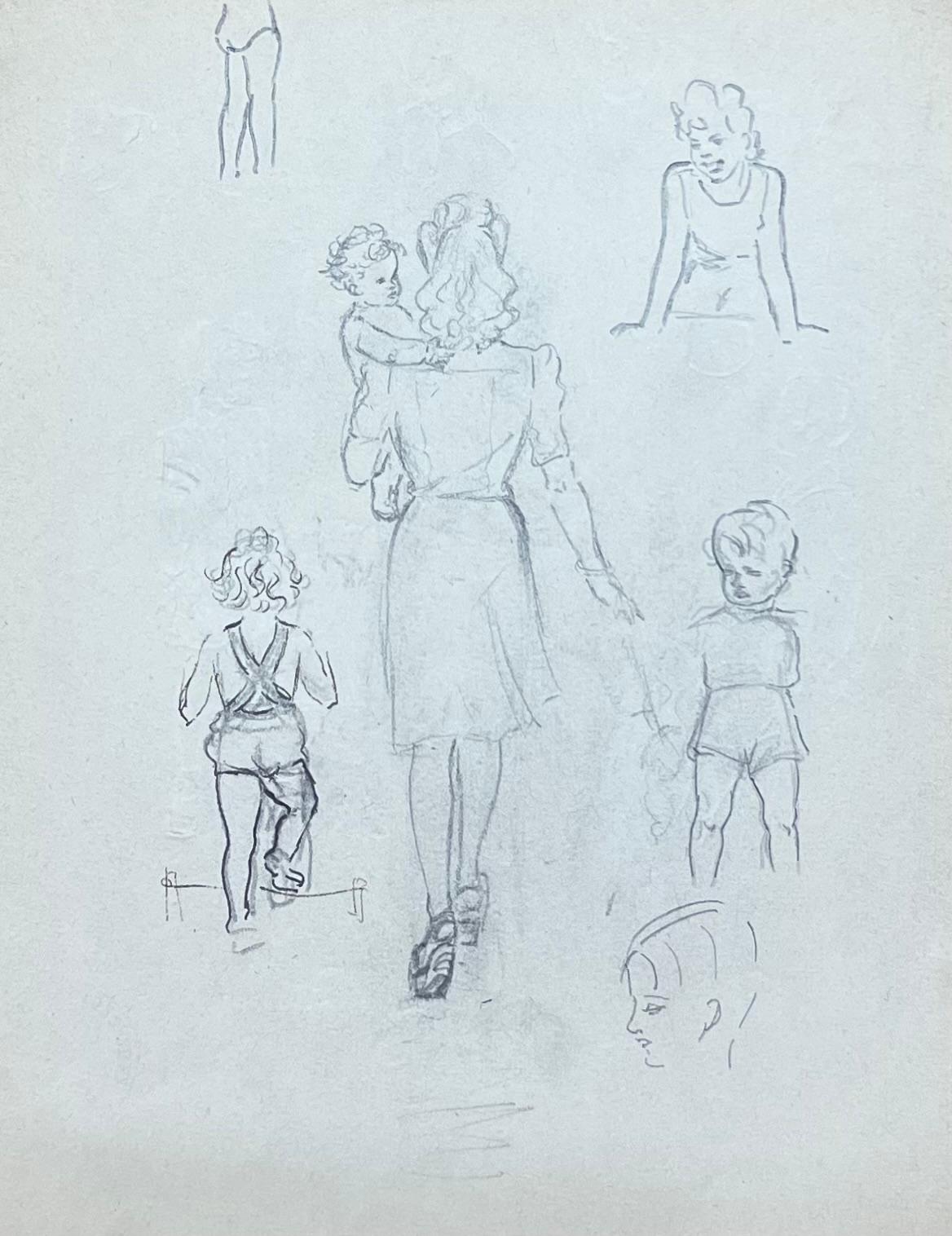 Französische Mutter aus der Mitte des Jahrhunderts, die mit ihren Kindern geht, Bleistiftskizze (Grau), Figurative Painting, von Josine Vignon