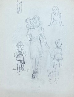 Mid Century French Mother Walking with Her Children Pencil Sketch