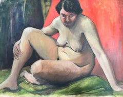 Mid Century French Nude Painting Of A Lady Sat On A Green Rug