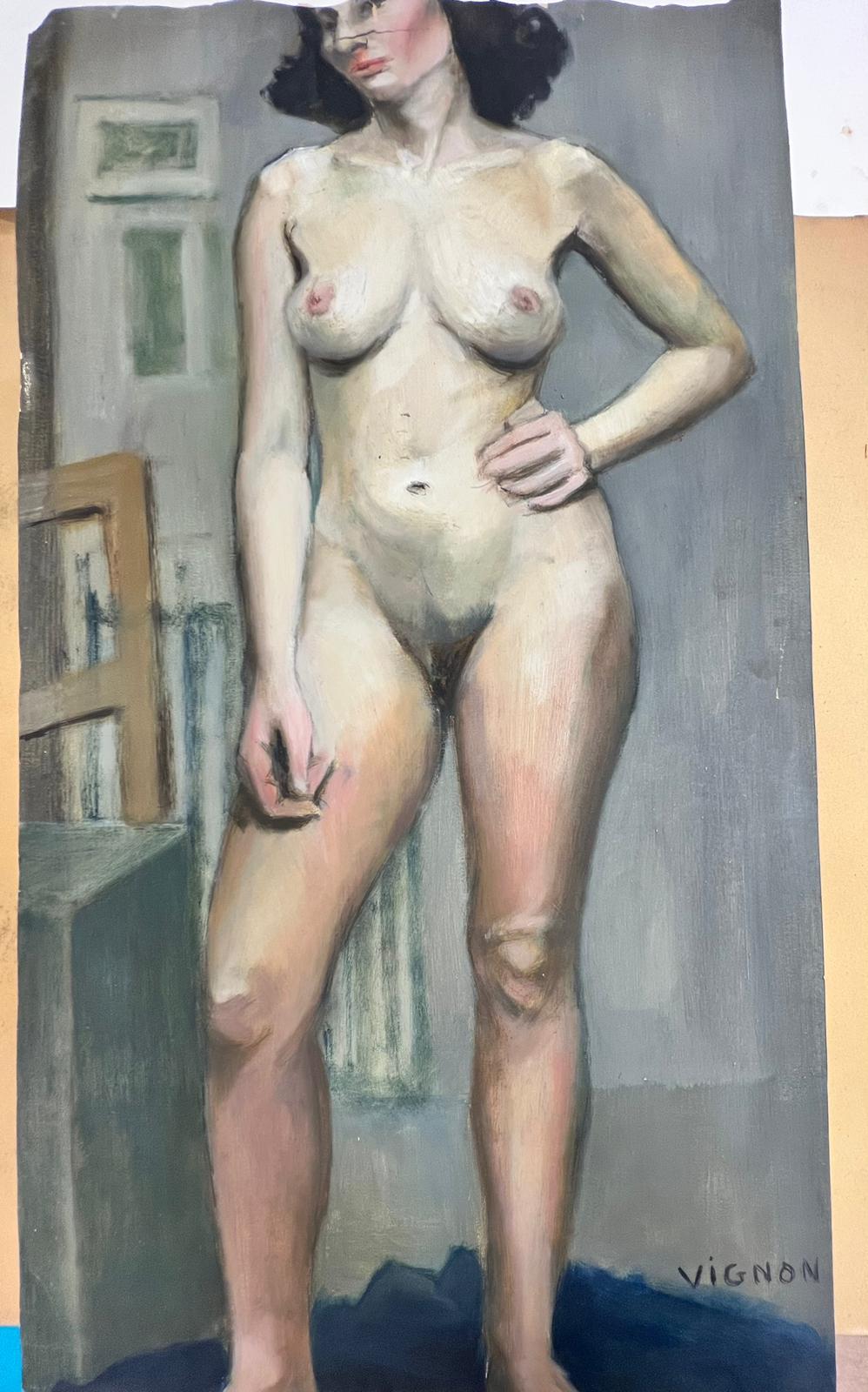 Peinture française du milieu du siècle dernier d'un nu possédé d'une femme  - Painting de Josine Vignon