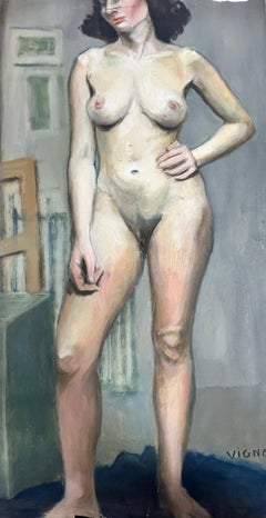 Mid Century French Nude Painting Of A Lady Stood Posed 