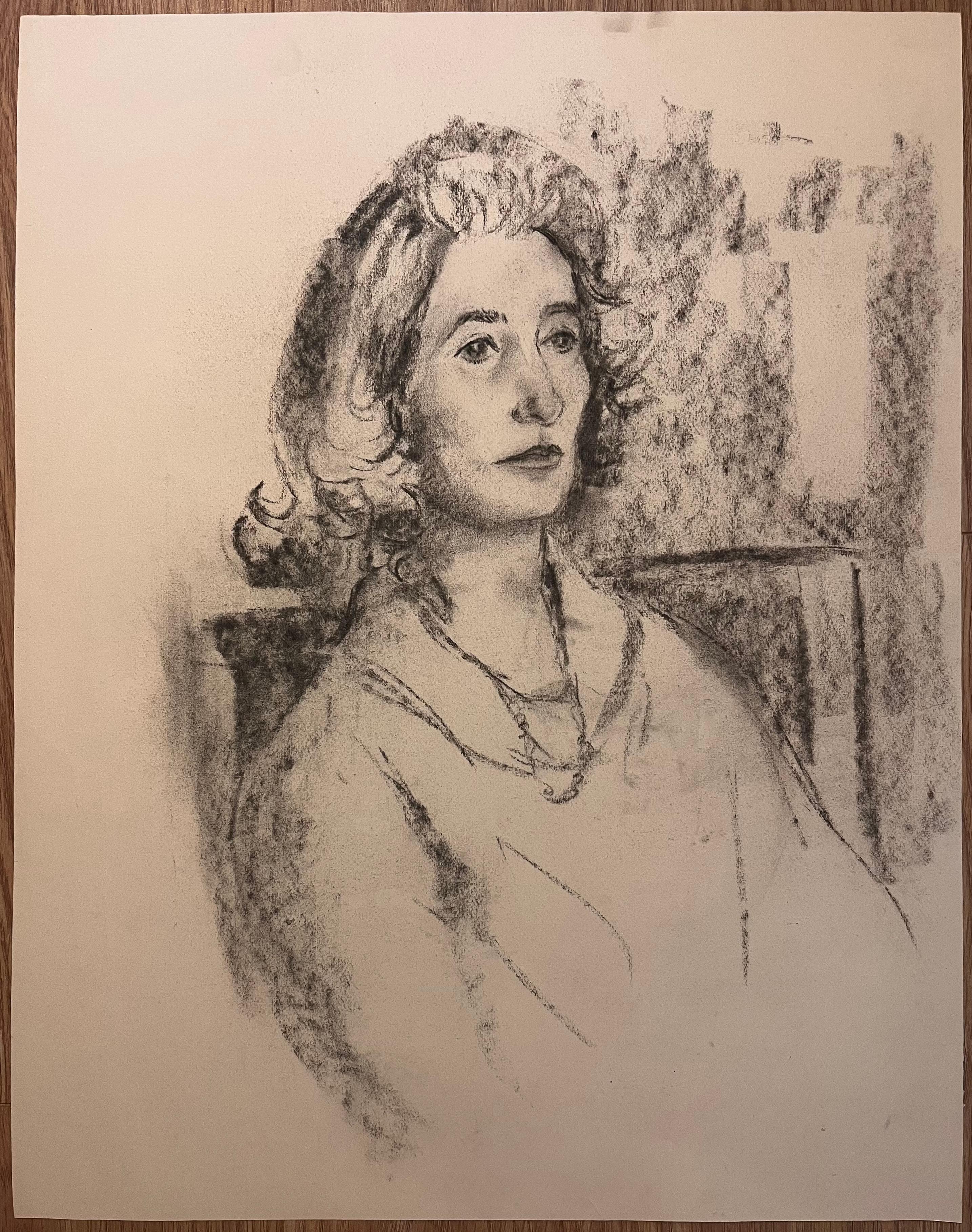 Portrait original au fusain d'une femme assise, datant du milieu du siècle dernier - Art de Josine Vignon
