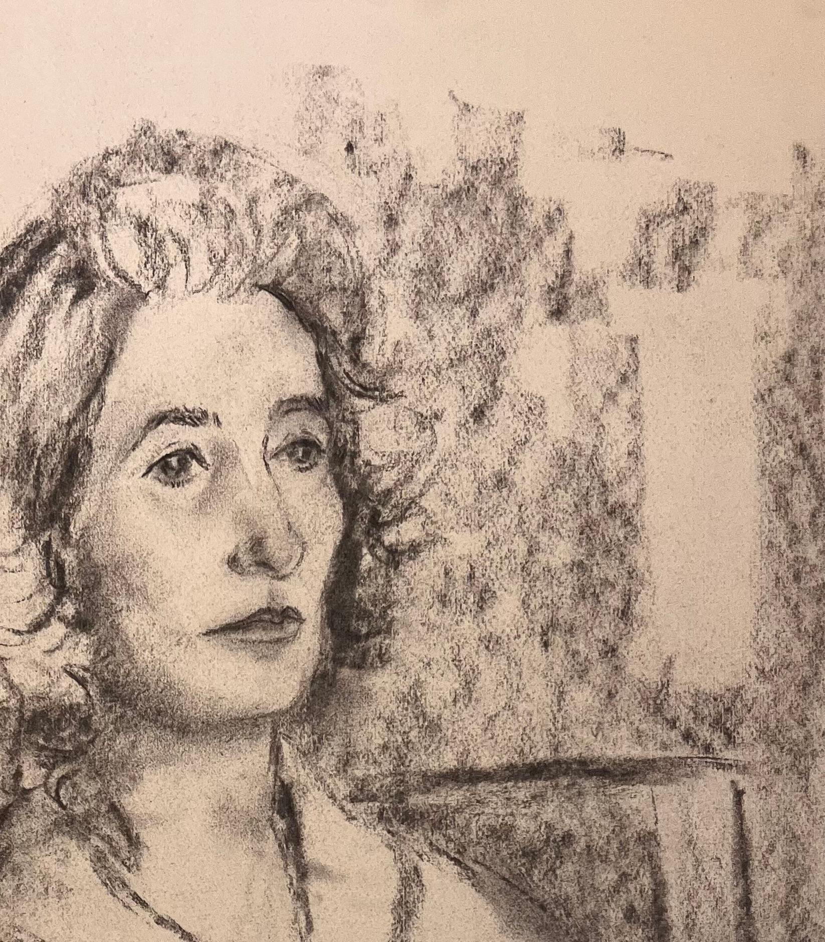 Portrait original au fusain d'une femme assise, datant du milieu du siècle dernier - Marron Figurative Art par Josine Vignon