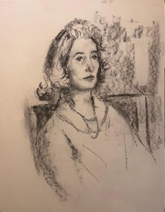 Ritratto a carboncino originale di donna seduta della metà del secolo scorso in Francia