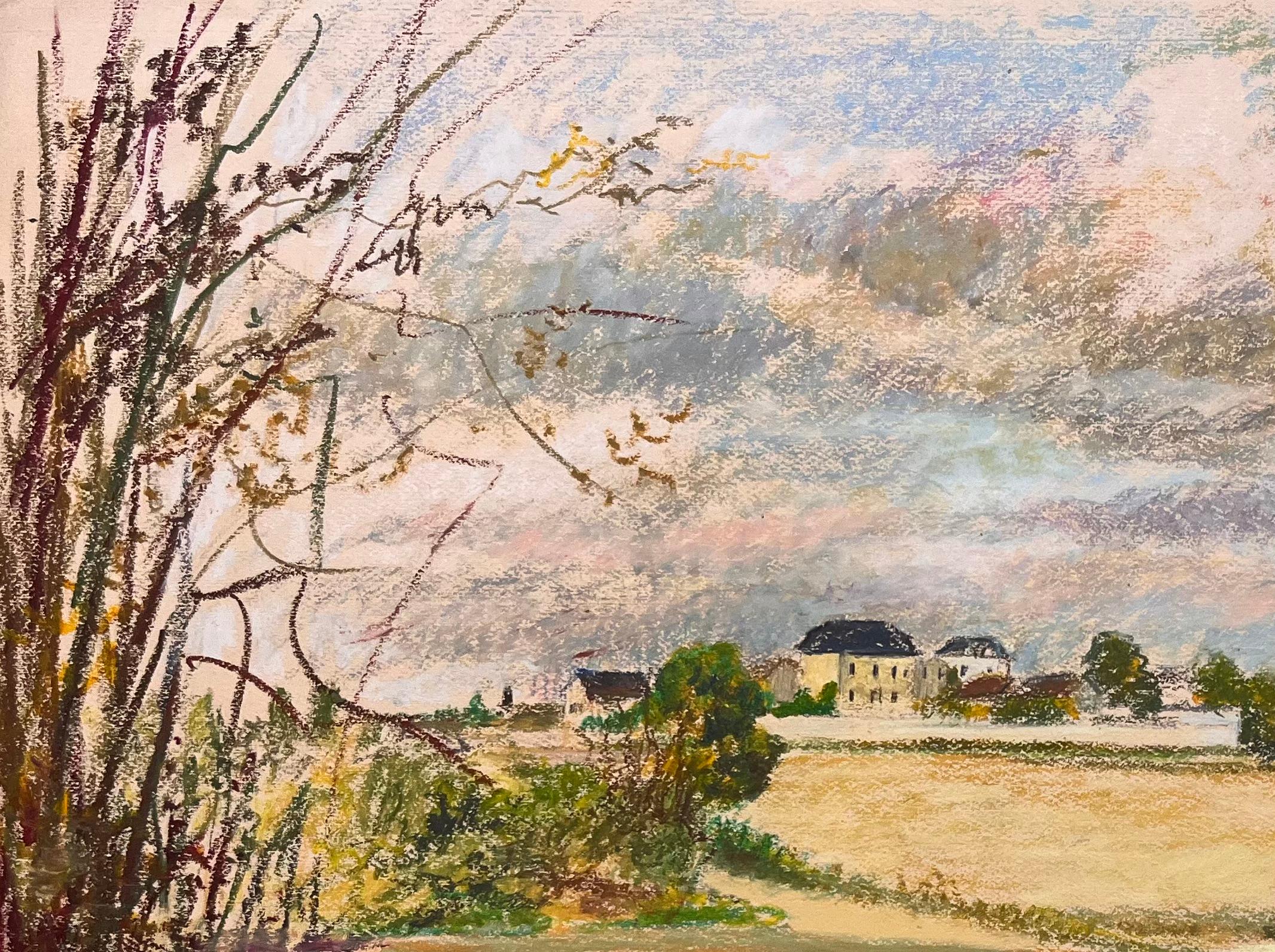 Dibujo al pastel original francés de mediados de siglo de un paisaje campestre - Art de Josine Vignon