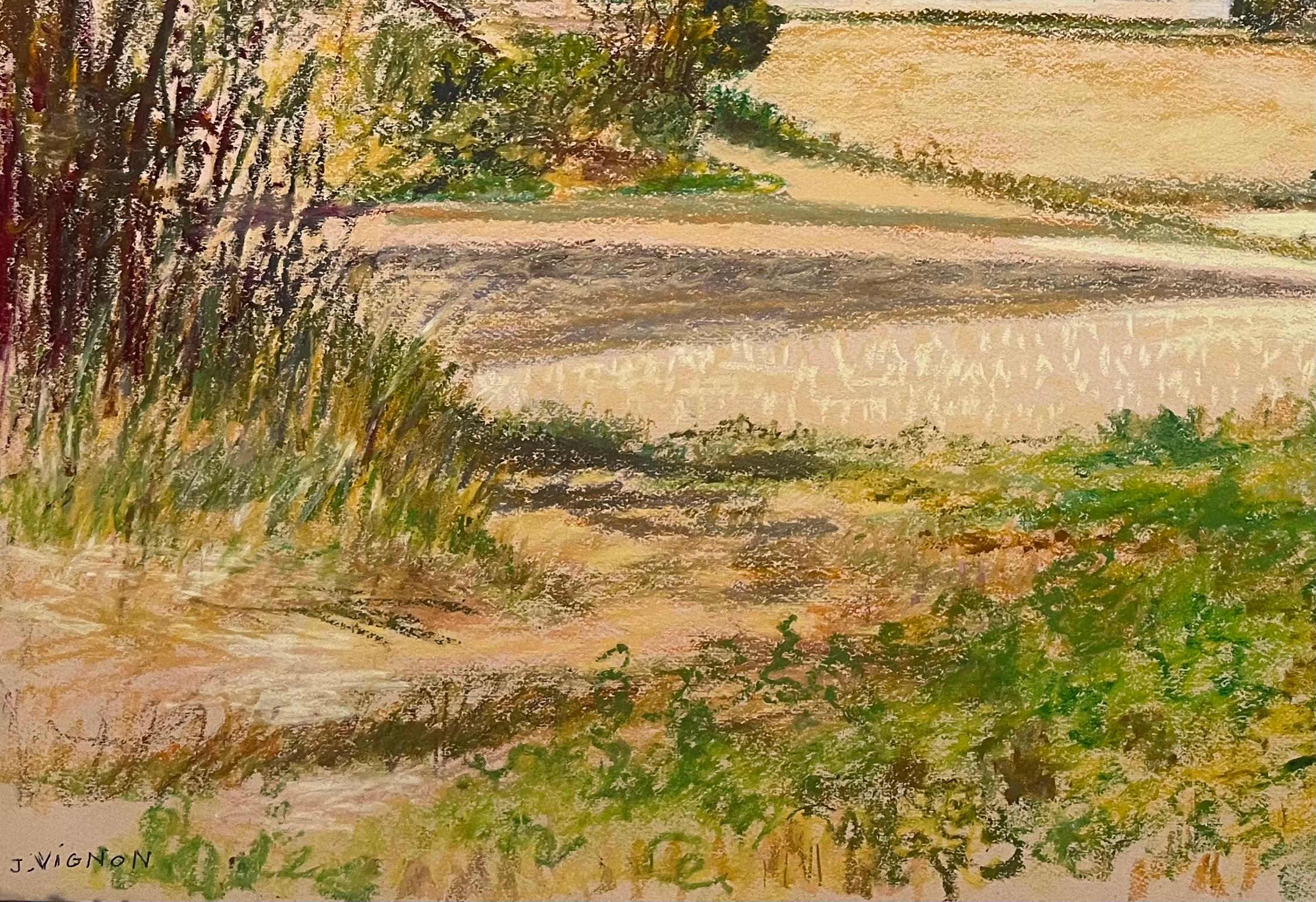 Dibujo al pastel original francés de mediados de siglo de un paisaje campestre en venta 1