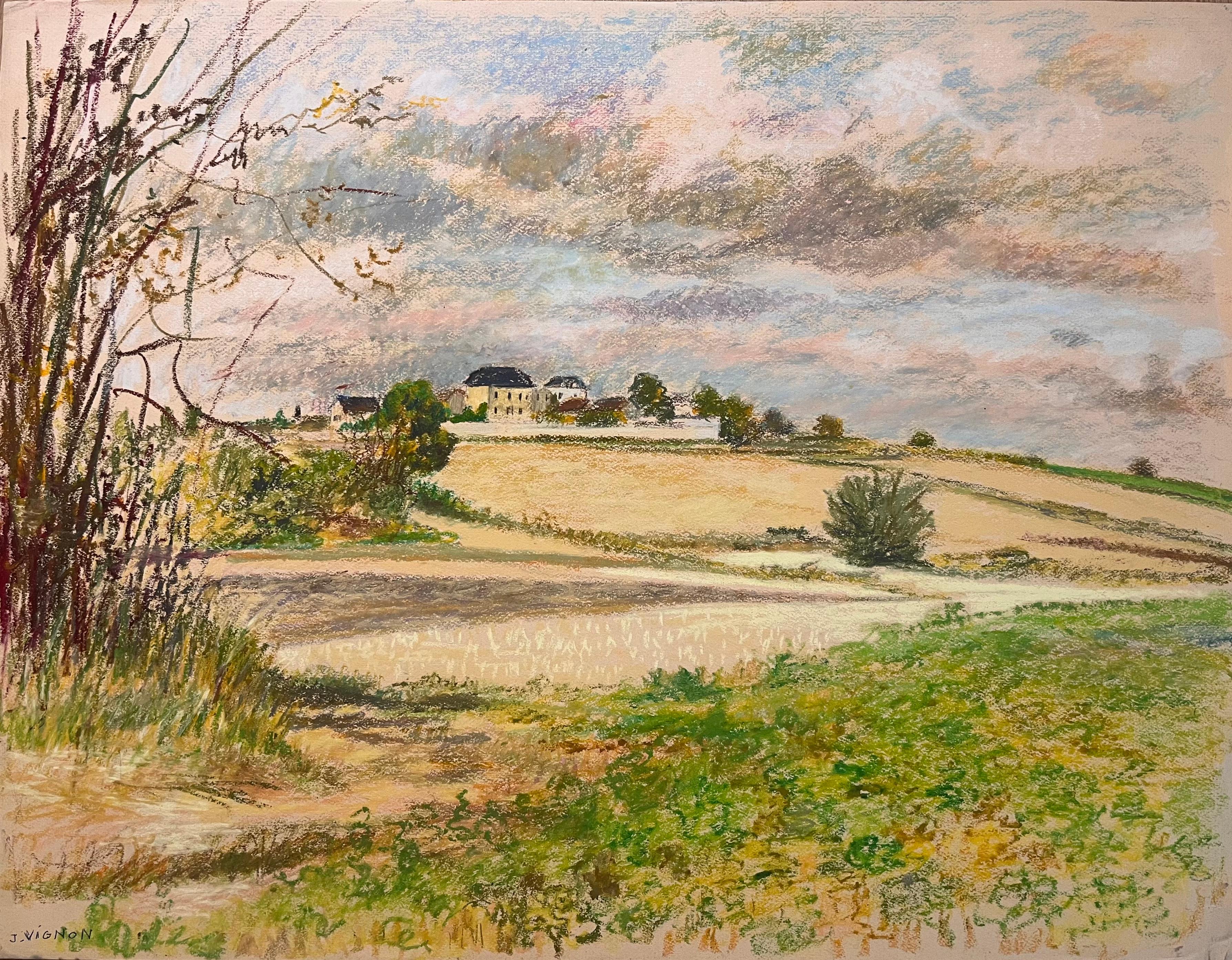Landscape Art de Josine Vignon - Dibujo al pastel original francés de mediados de siglo de un paisaje campestre