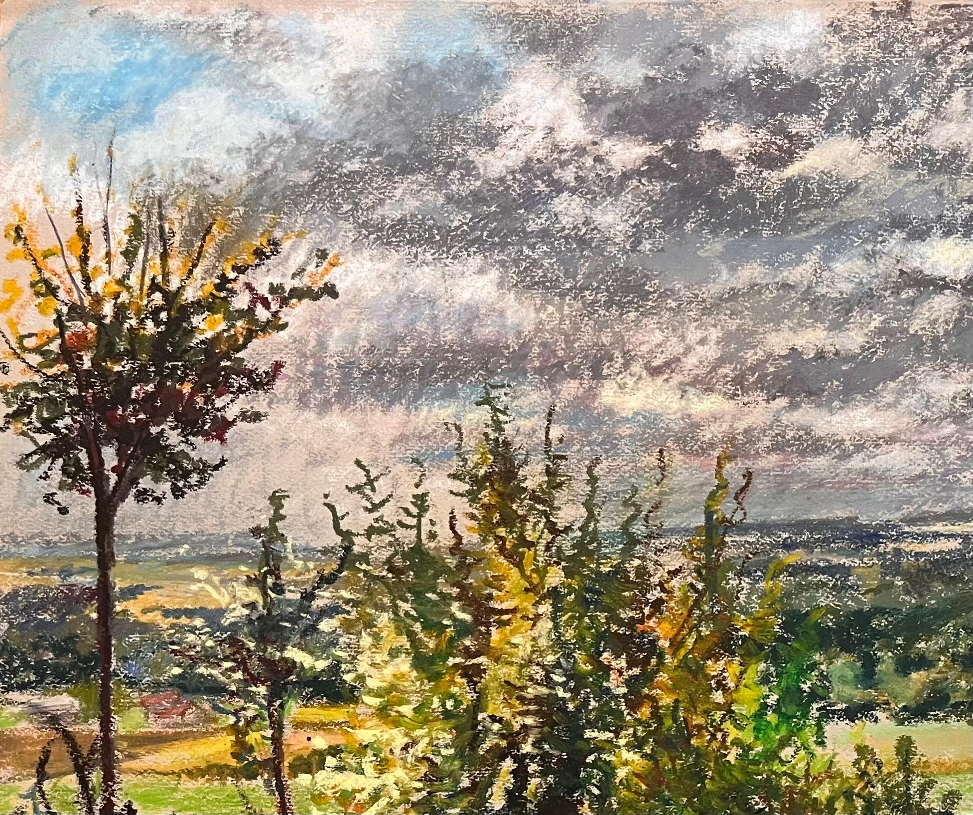 Mid Century Französisch Original Pastell Zeichnung der Auffahrt Tor und fernen Horizont (Impressionismus), Art, von Josine Vignon