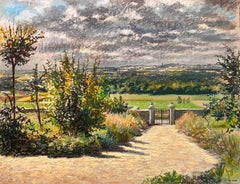 Mid Century Französisch Original Pastell Zeichnung der Auffahrt Tor und fernen Horizont