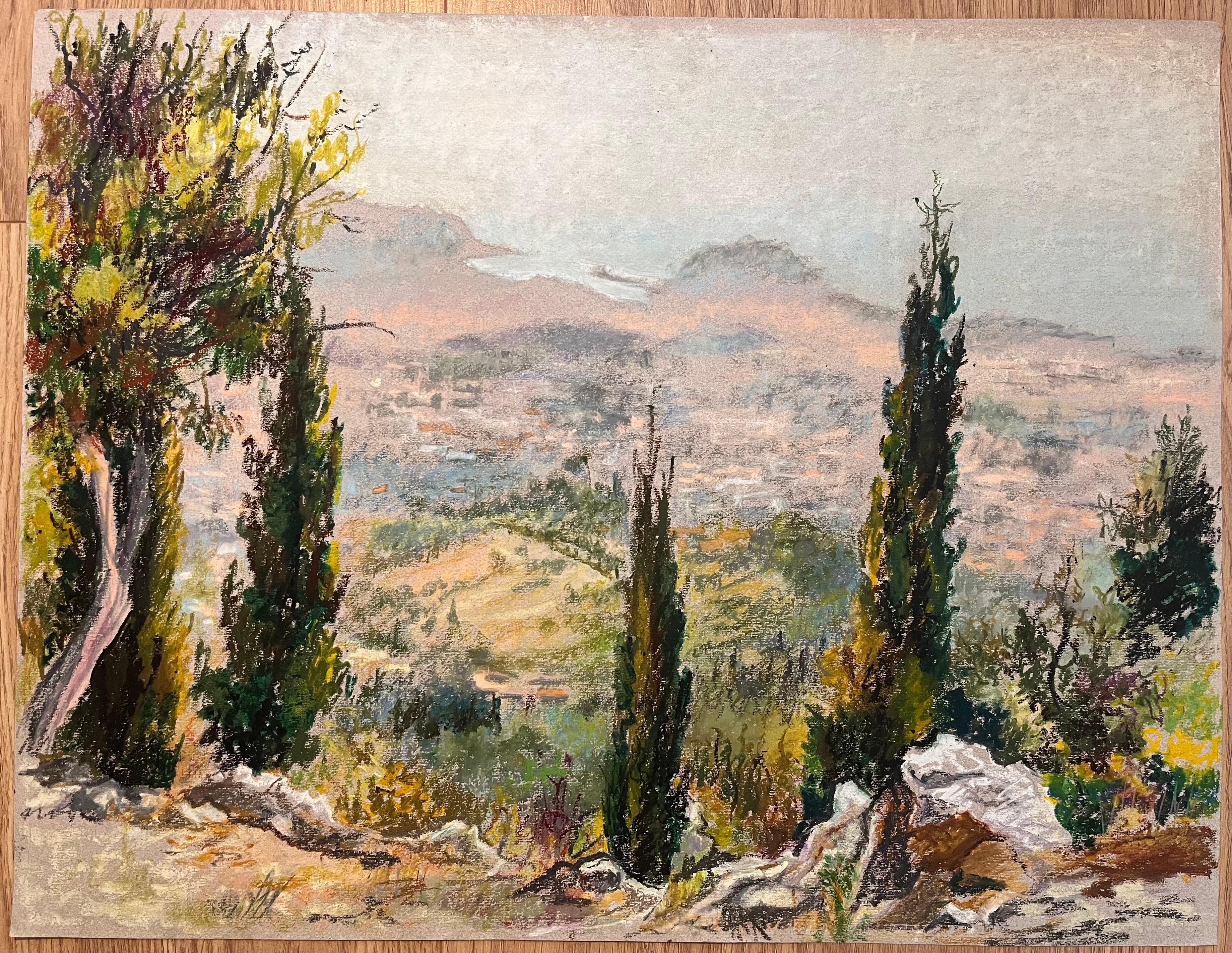 Mid Century French Original Pastel Drawing of Hillside View with Cypress Trees - Art by Josine Vignon