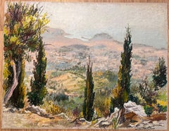 Dibujo al pastel original francés de mediados de siglo de una vista de ladera con cipreses
