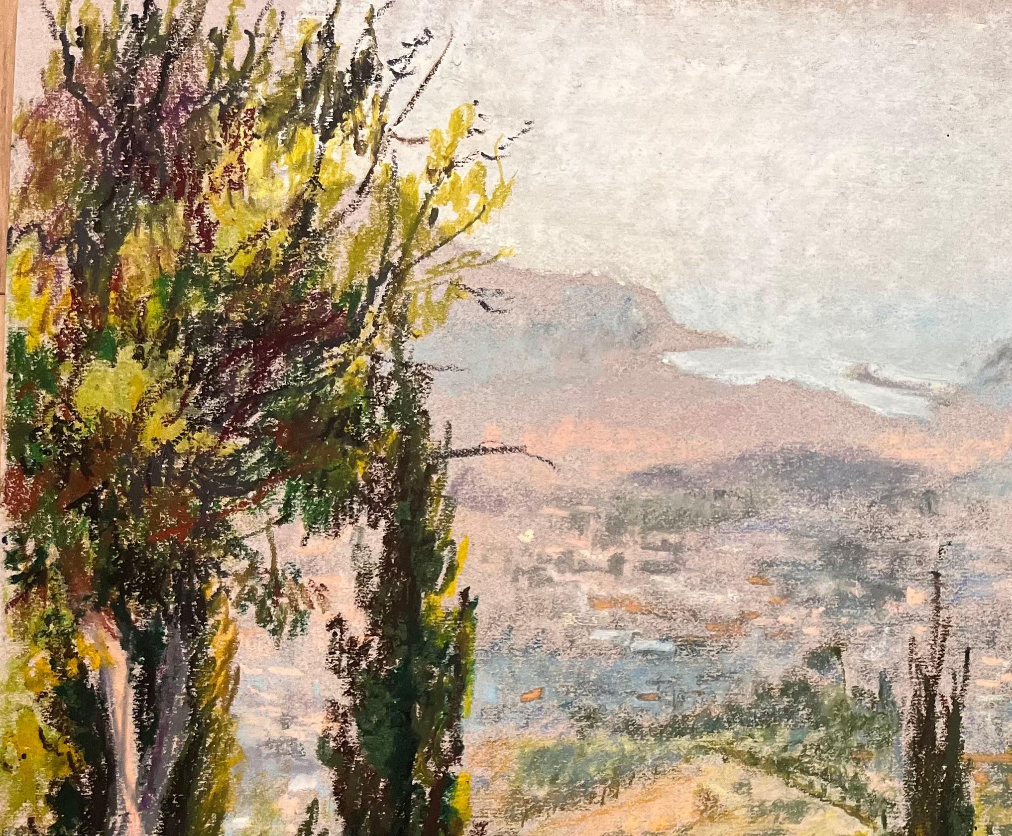 Mid Century French Original Pastel Drawing of Hillside View with Cypress Trees - Impressionist Art by Josine Vignon