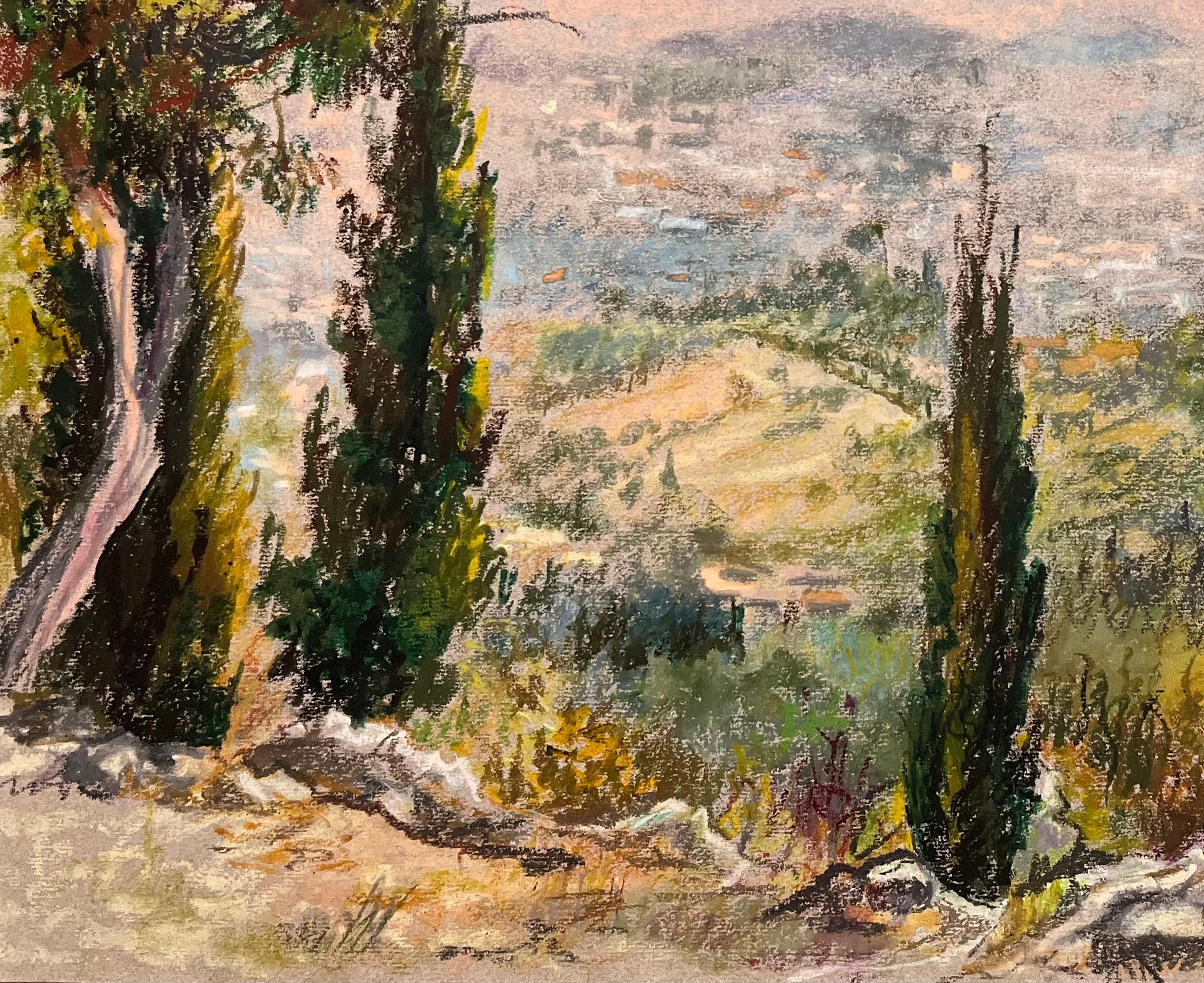 Mid Century French Original Pastel Drawing of Hillside View with Cypress Trees For Sale 1
