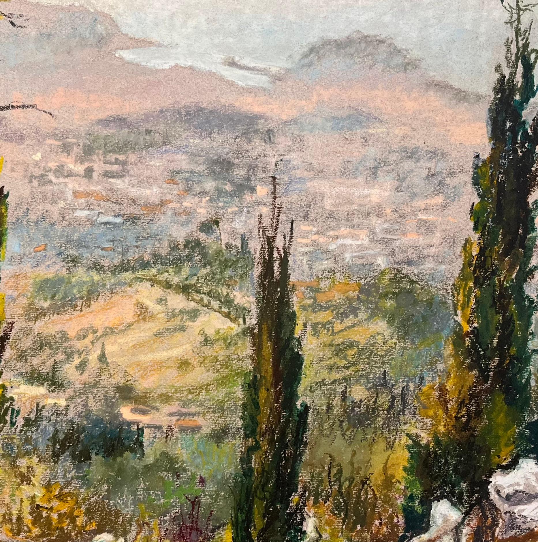 Mid Century French Original Pastel Drawing of Hillside View with Cypress Trees For Sale 2