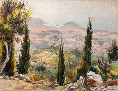 Dibujo al pastel original francés de mediados de siglo de una vista de ladera con cipreses