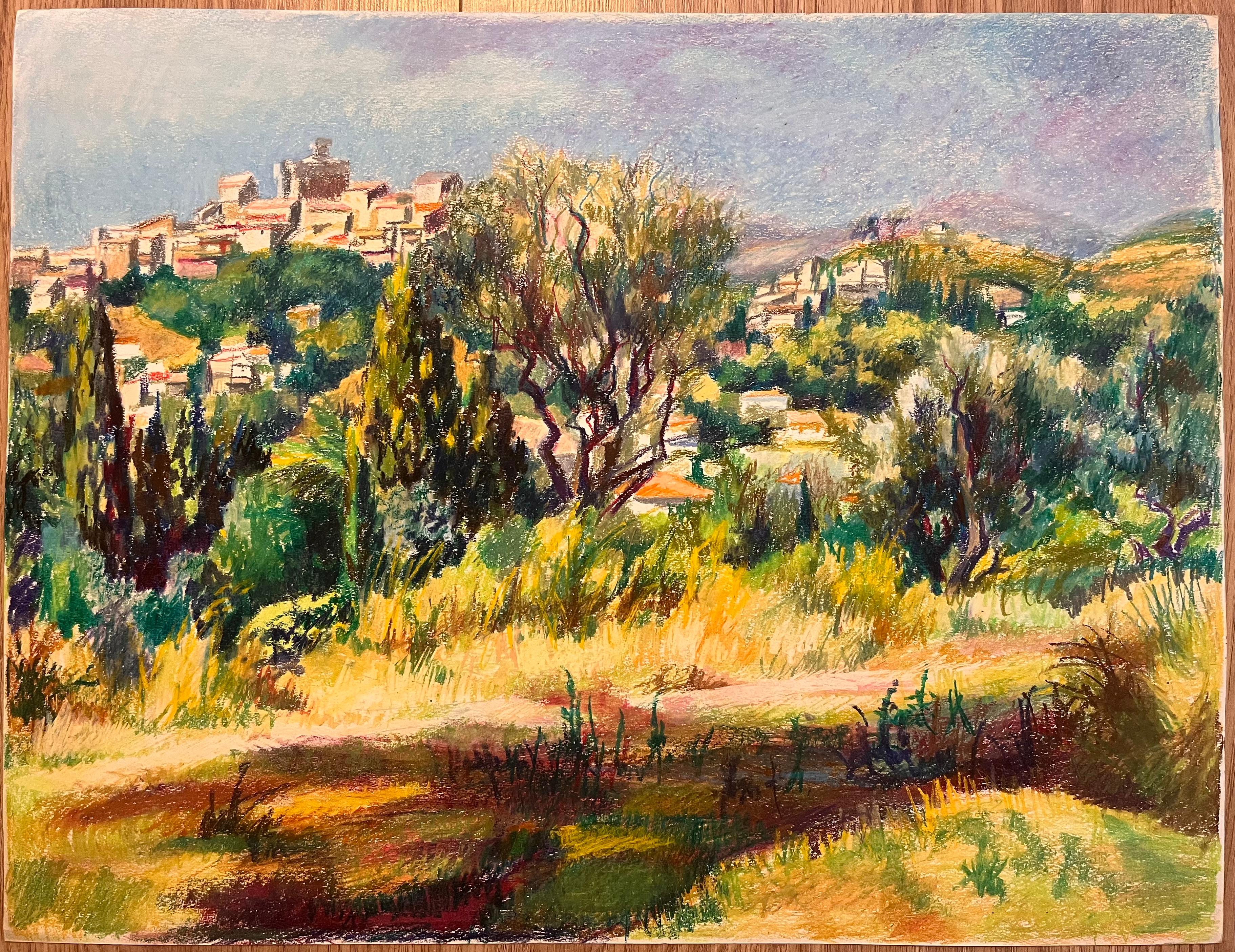 Disegno originale a pastello della metà del secolo scorso, raffigurante una vista sulla collina con vista sul villaggio - Art di Josine Vignon