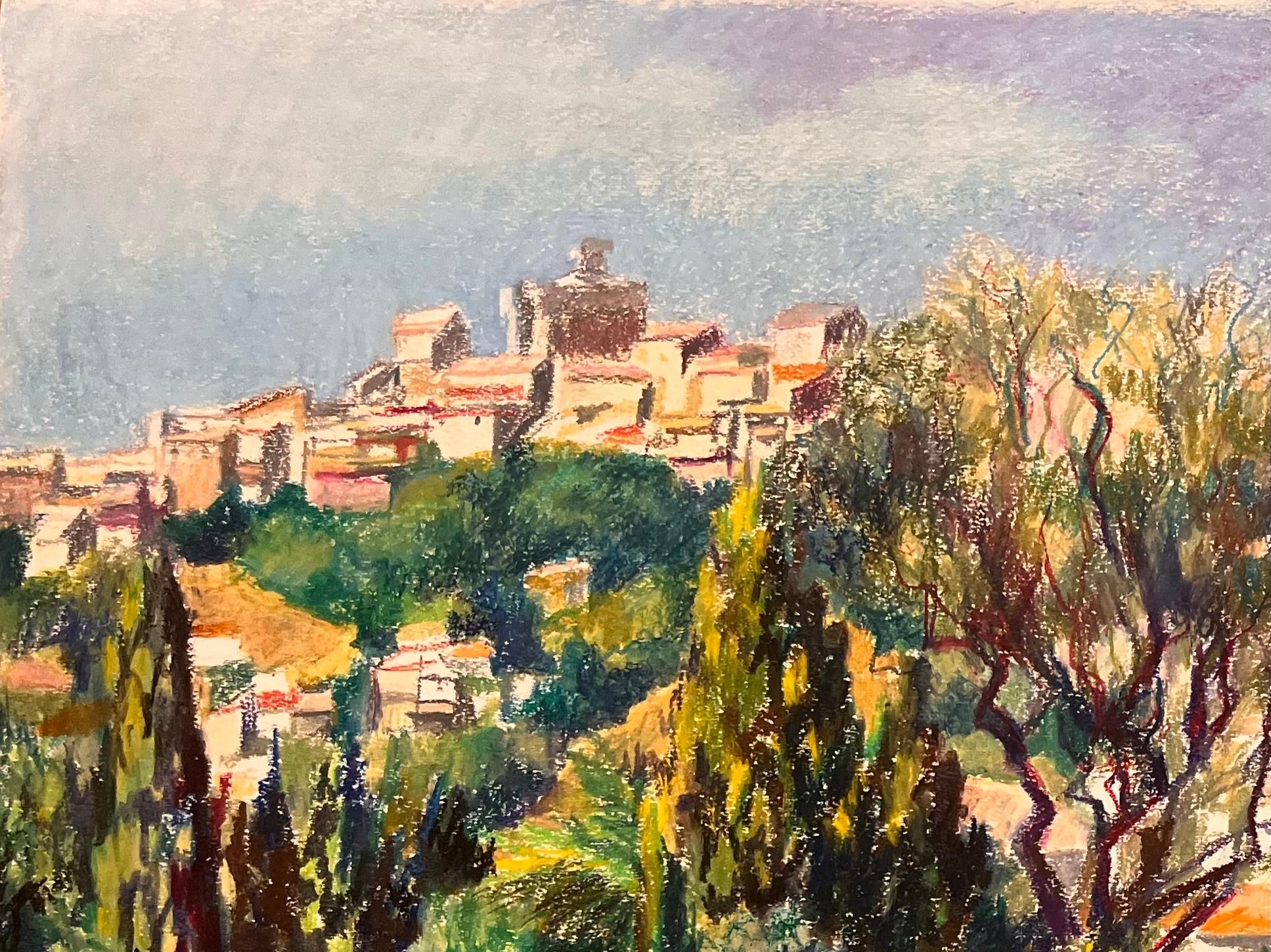 Disegno originale a pastello della metà del secolo scorso, raffigurante una vista sulla collina con vista sul villaggio - Art Impressionismo di Josine Vignon