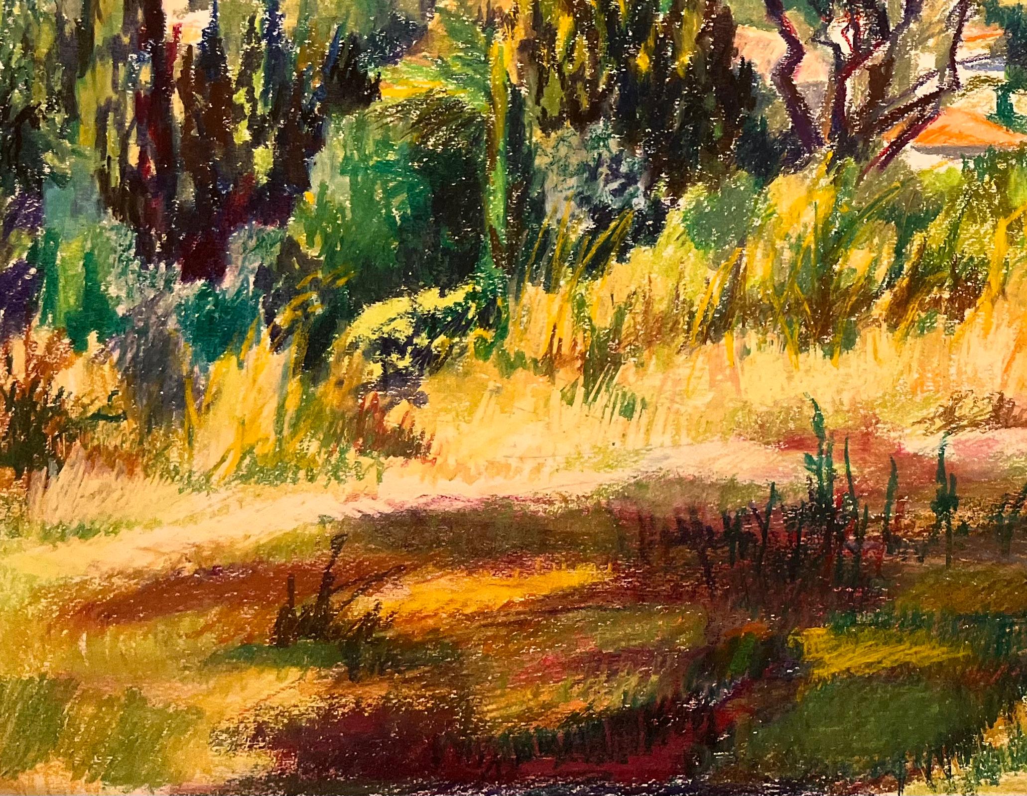 Titolo: Disegno originale a pastello della metà del secolo scorso di una veduta dalla cima di una collina con vista sul villaggio

Artista: Josine Vignon (francese, 1922-2022)

Medium: Pastello a olio su carta d'artista

Dimensioni: 19,75 (altezza)