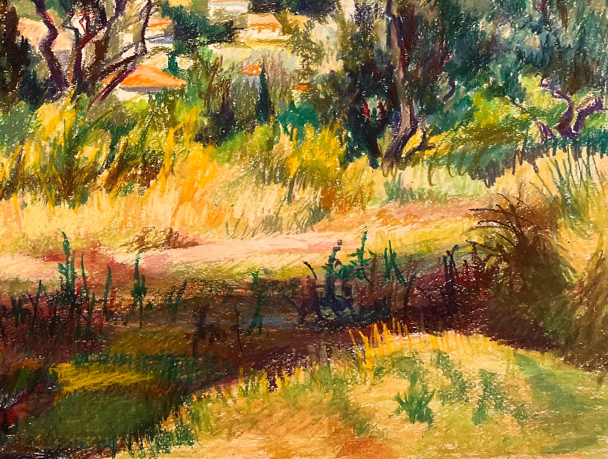 Disegno originale a pastello della metà del secolo scorso, raffigurante una vista sulla collina con vista sul villaggio in vendita 1