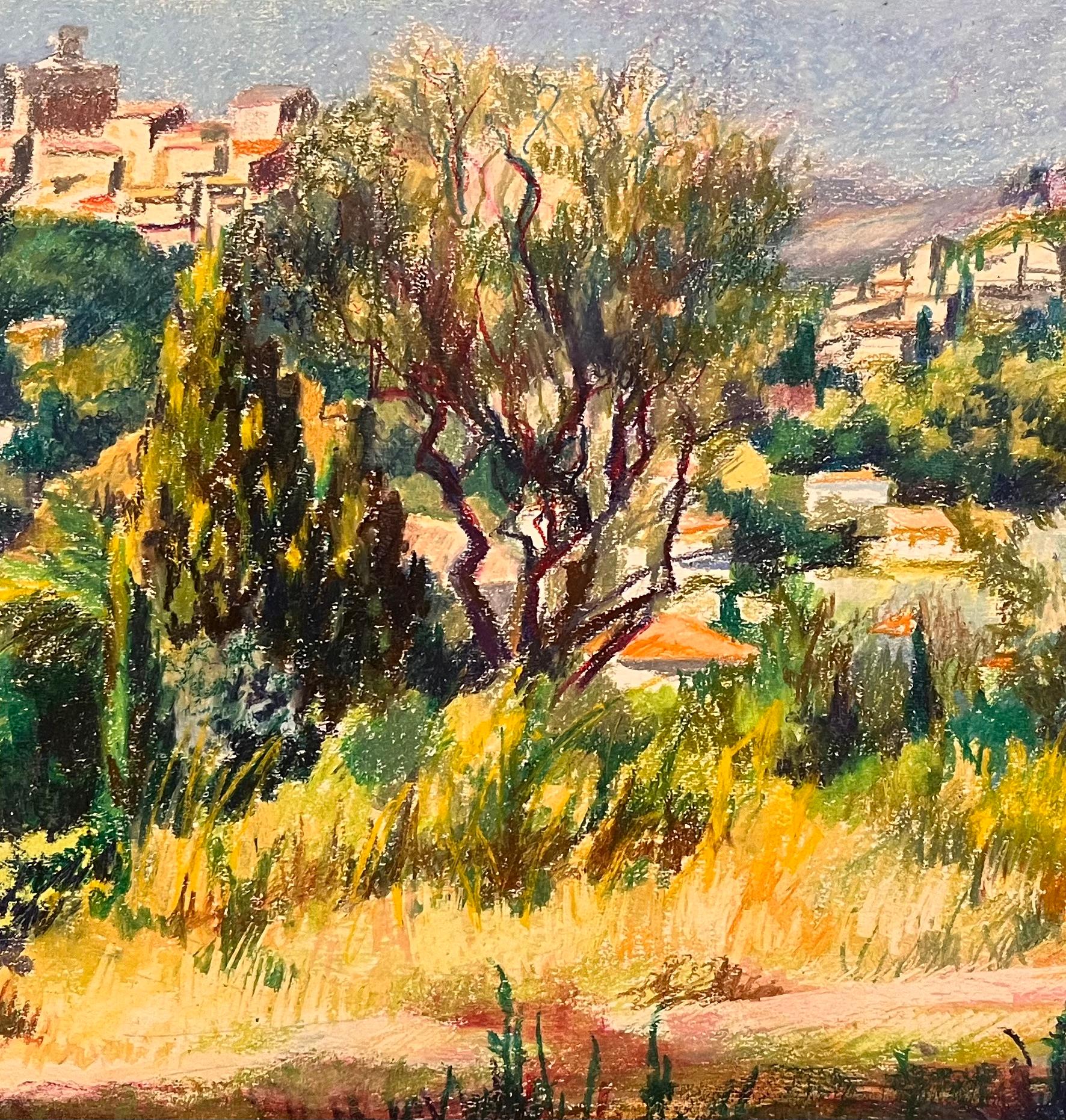 Disegno originale a pastello della metà del secolo scorso, raffigurante una vista sulla collina con vista sul villaggio in vendita 2