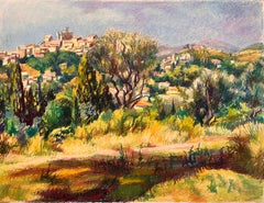 Mid Century Französisch Original Pastell Zeichnung von Hilltop Blick über das Dorf