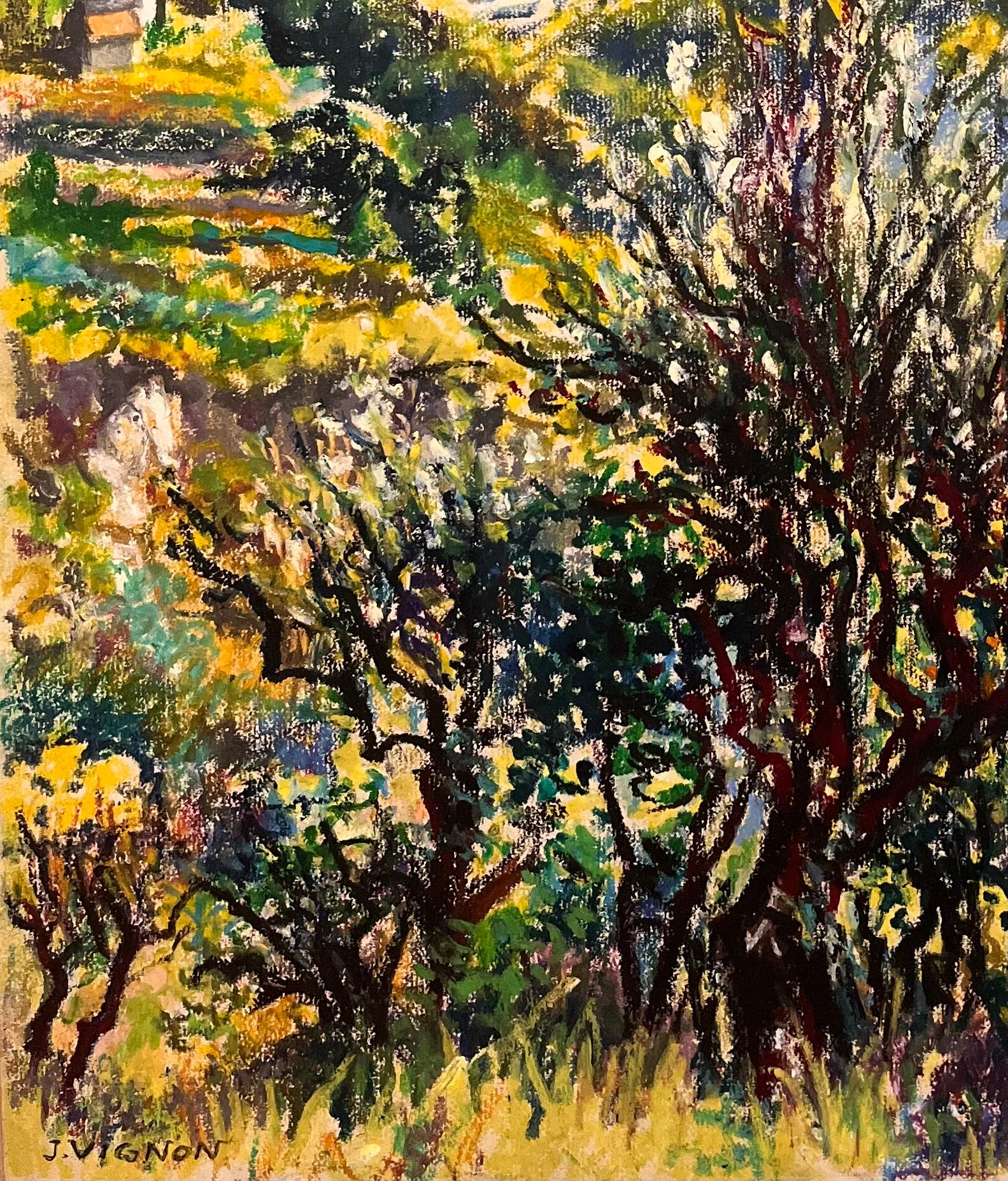 Mid Century Französisch Original Pastell Zeichnung von Bergblick mit Blick auf Dorf im Angebot 1