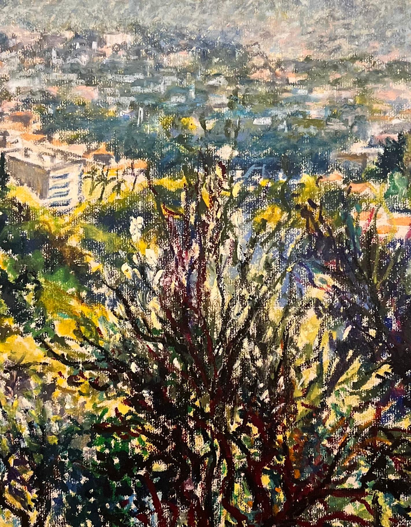 Mid Century Französisch Original Pastell Zeichnung von Bergblick mit Blick auf Dorf im Angebot 2