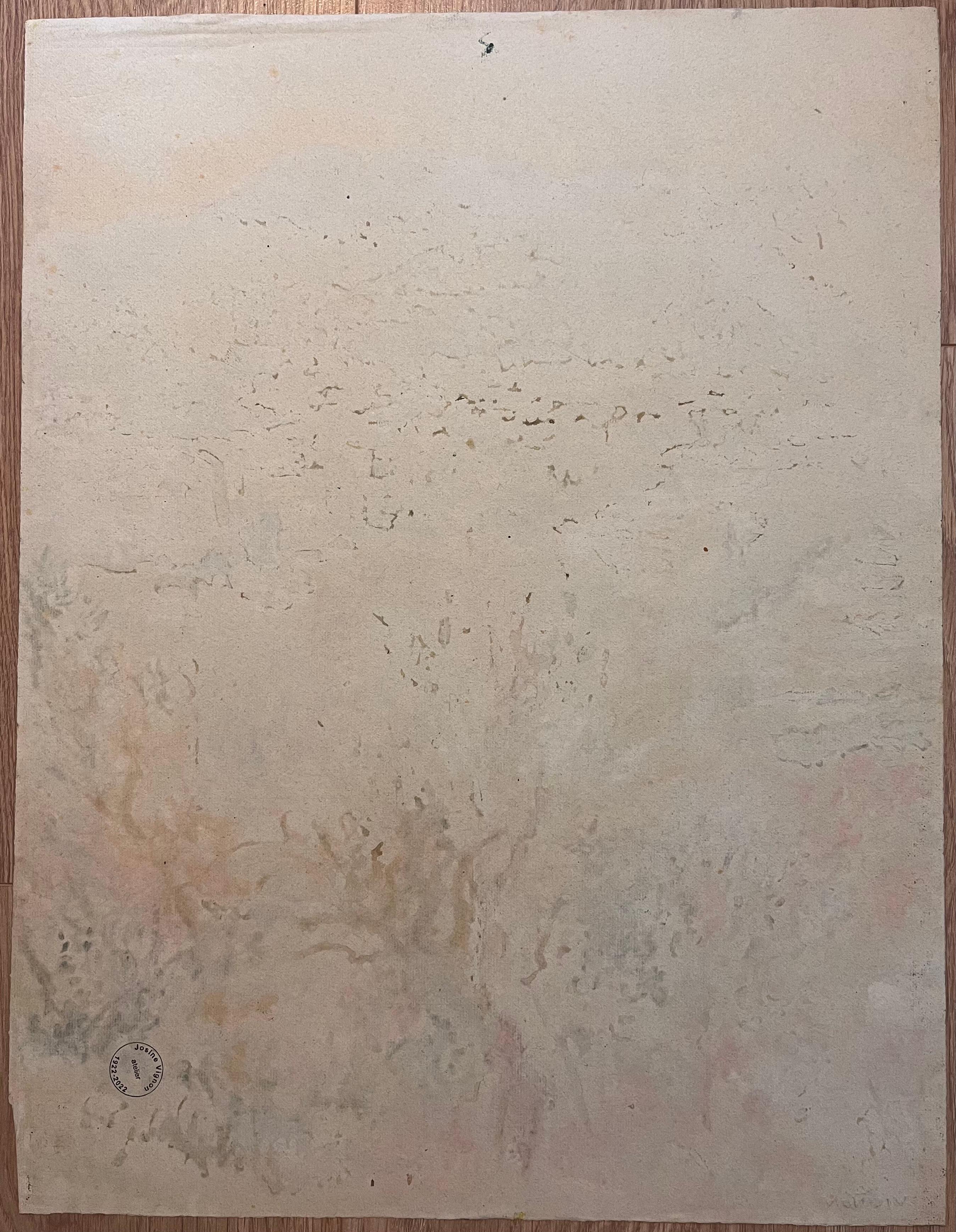 Mid Century Französisch Original Pastell Zeichnung von Bergblick mit Blick auf Dorf im Angebot 3