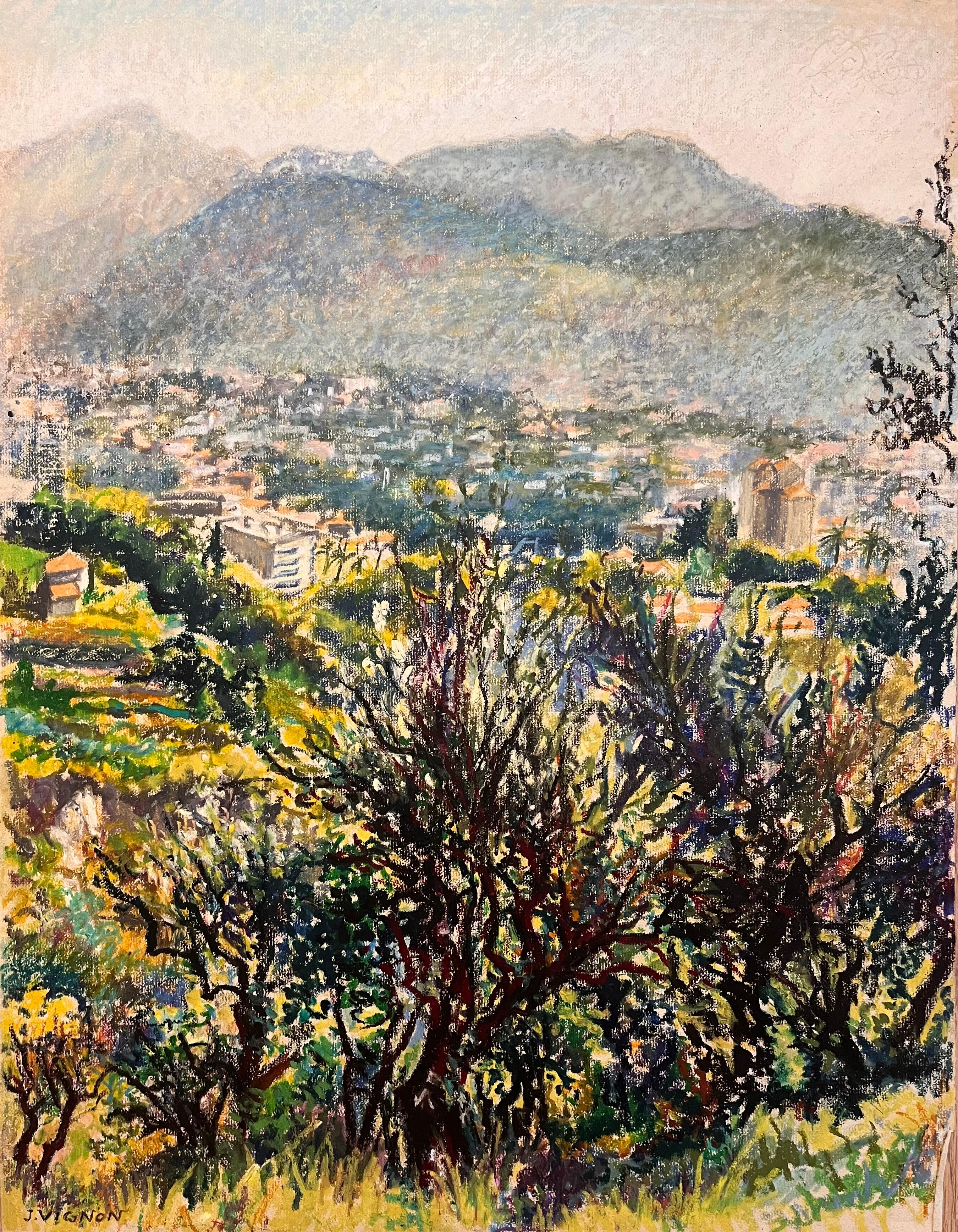 Dessin français d'origine du milieu du siècle dernier représentant une vue sur une montagne et un village